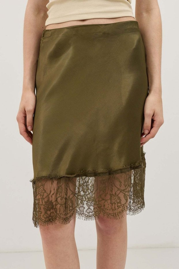 Khaki Lace Detailed Satin Skirt