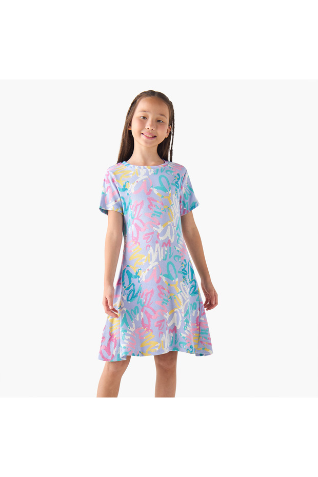 Round Neck Short Sleeves A-line Dress with Graffiti Print