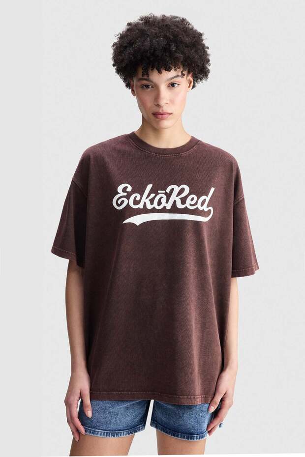 Ecko Red Madelyn Loose Boyfriend Fit Crew Neck Printed 100% Cotton Women's Brown Tshirt