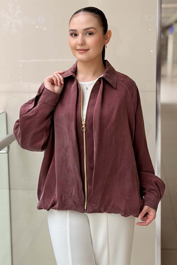 Front Pleated Detailed Zippered Advertized Sleeve Lined Bomber Jacket