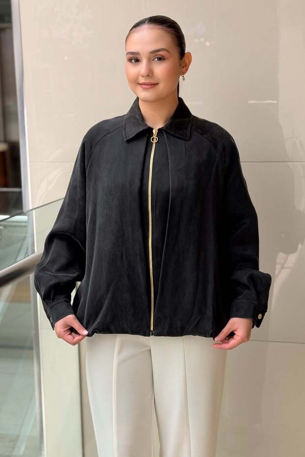 Front Pleated Detailed Zippered Advertized Sleeve Lined Bomber Jacket