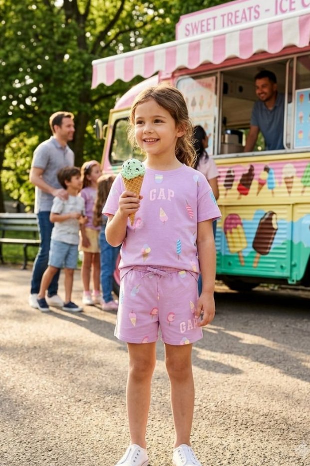 Girl's Ice Cream Printed T-Shirt and Shorts Set Lilac