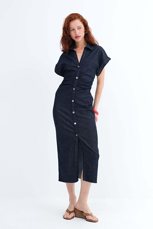 Button Detailed Shirred Dress E8198
