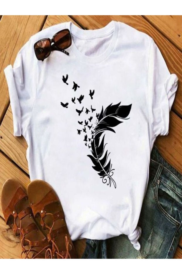 Black Bird and Feather Patterned White T-Shirt