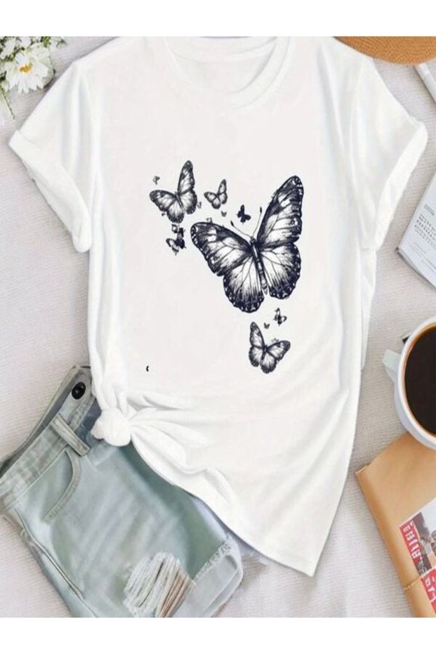 Butterfly Printed White Women's T-Shirt