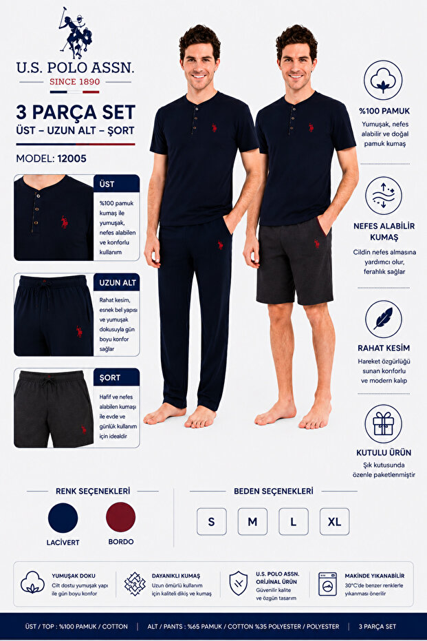 Men's 3 Pieces Pajamas Sets Cotton Short Sleeve Top Long Bottom Shorts Set