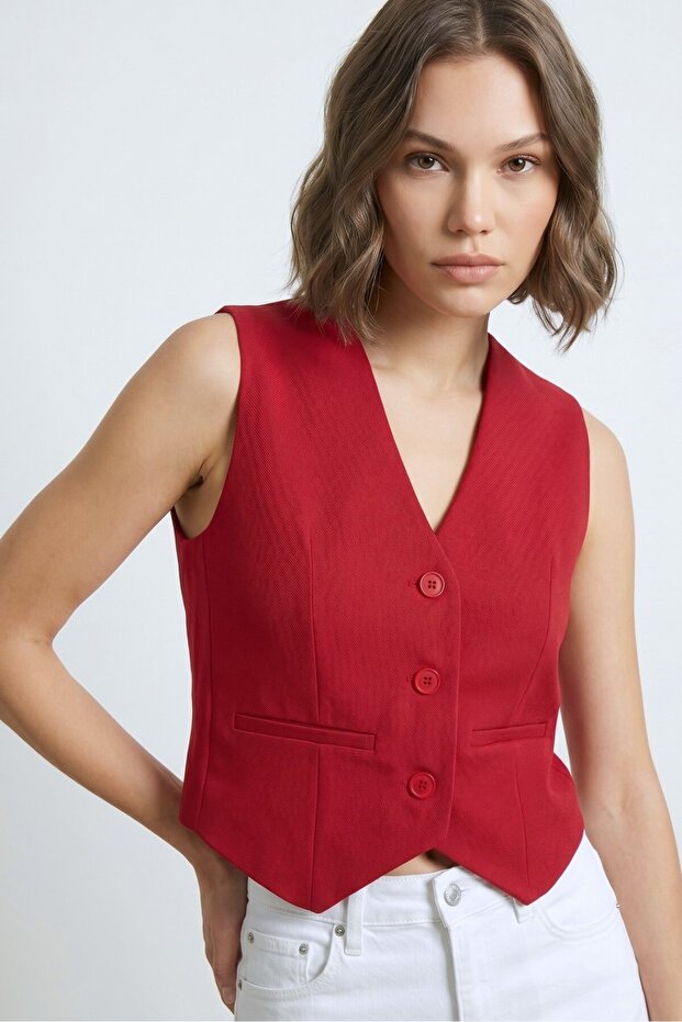 Red Women's V-Neck Buttoned Classic Woven Blazer Vest