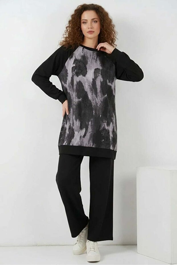 Women's Round Neck Oversize Patterned Viscose Black Two-Piece Set