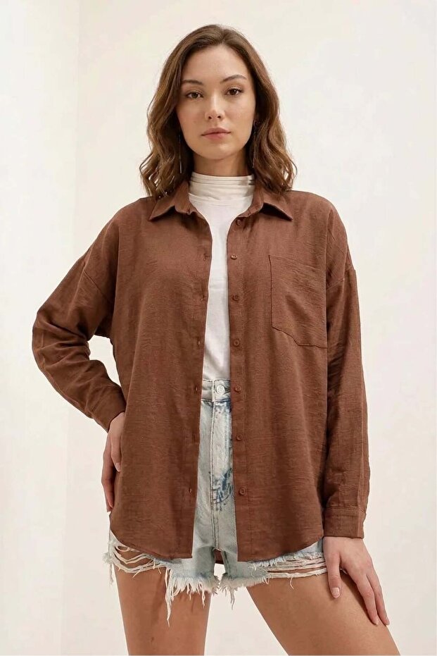 Women's Oversize Viscose Brown Shirt with One Pocket