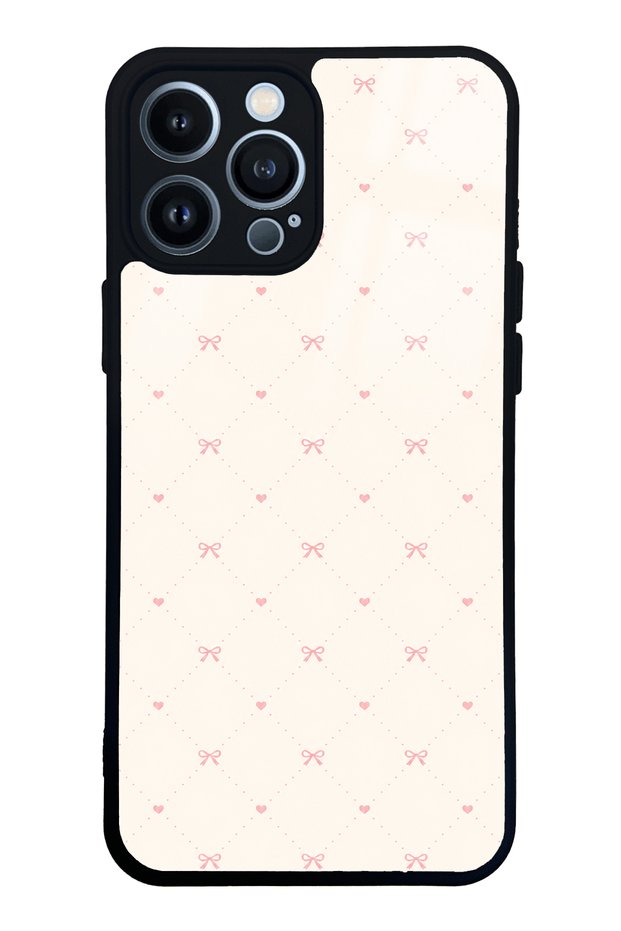 iPhone 13 Pro Max Cream Pink Coquette Pattern Designed Glossy Phone Case