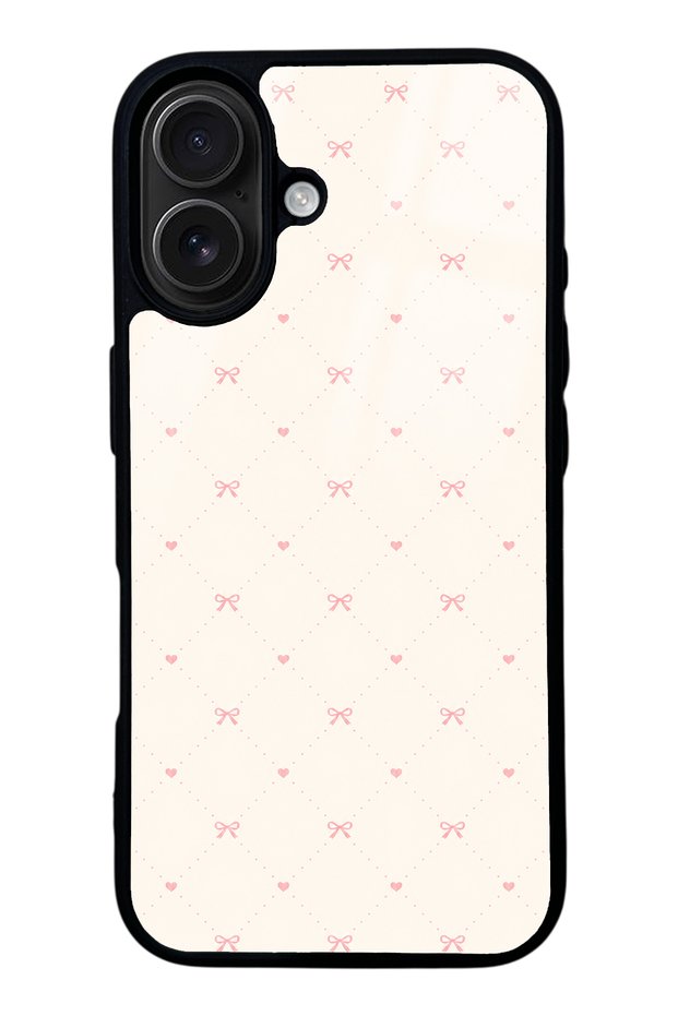 iPhone 16 Cream Pink Coquette Pattern Designed Glossy Phone Case