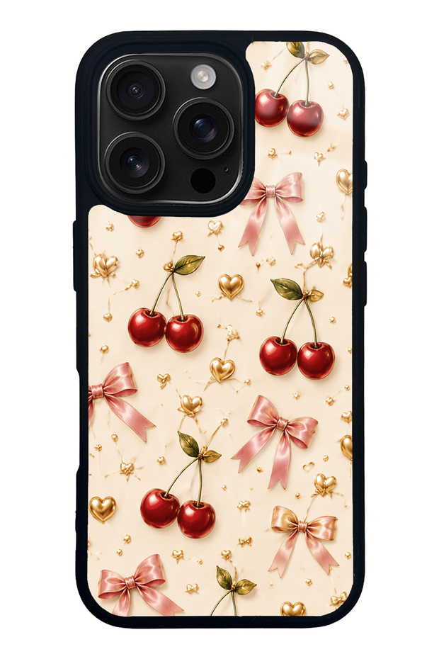 iPhone 16 Pro Cherry Ribbon Luxe Design Glossy Phone Case