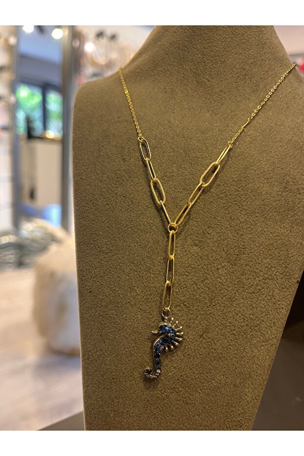 Sea Horse Low-Cut Necklace with Blue Stone