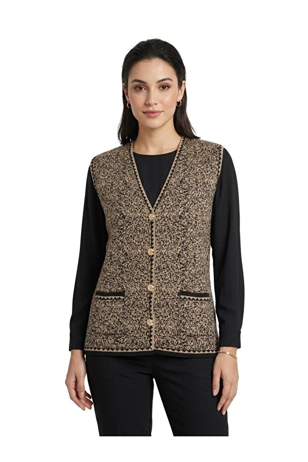 Women's Authentic Patterned Buttoned Knitwear Vest with Pockets Classic Mother's Vest Compatible with Sizes 42-48