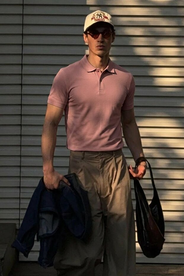 Men's Classic Slim Fit Pink Polo Collar T-Shirt