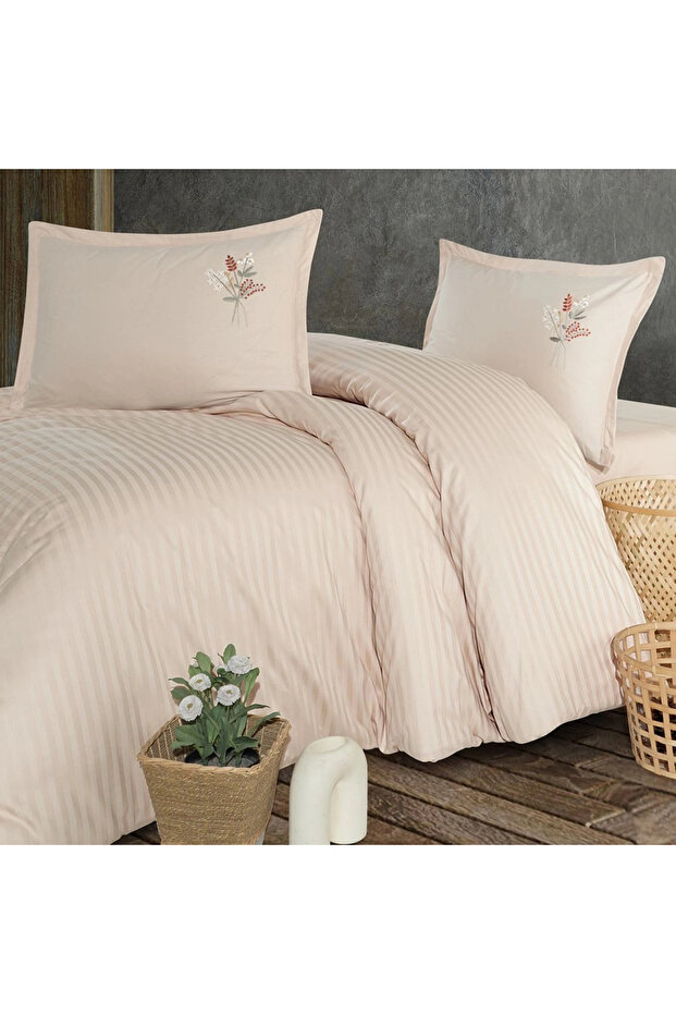 Panna Beige Single 100% Cotton Striped Duvet Cover Set
