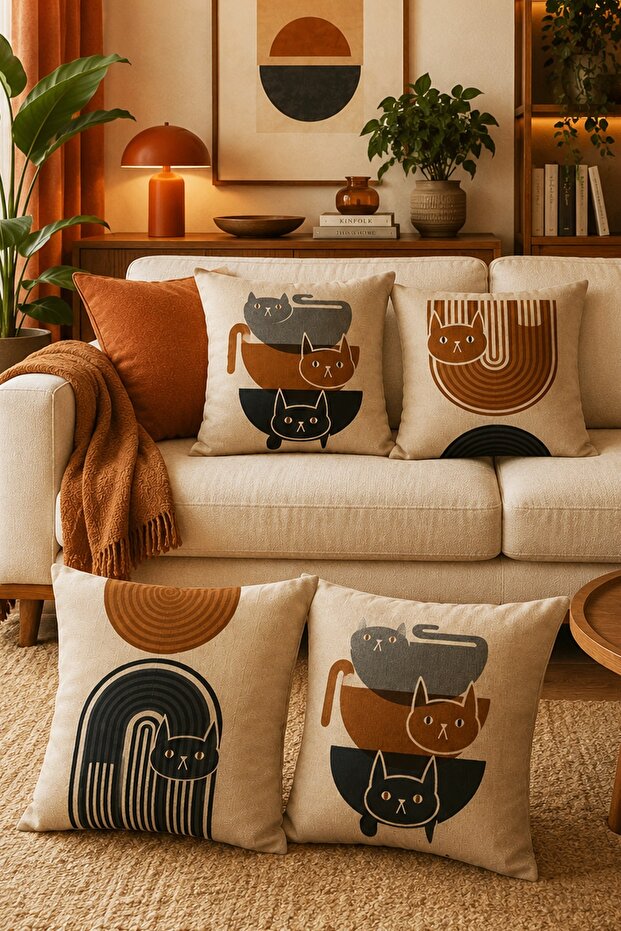 Set of 4 Patterned Cat Illustrations Throw Pillow Covers