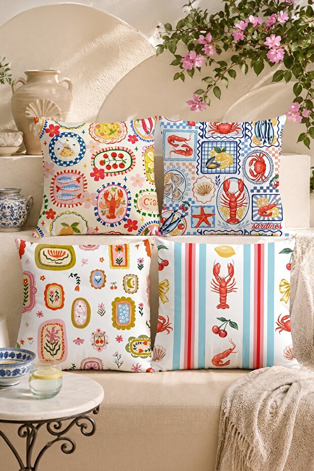 Shrimp Patterned 4-Piece Throw Pillow Cover Set