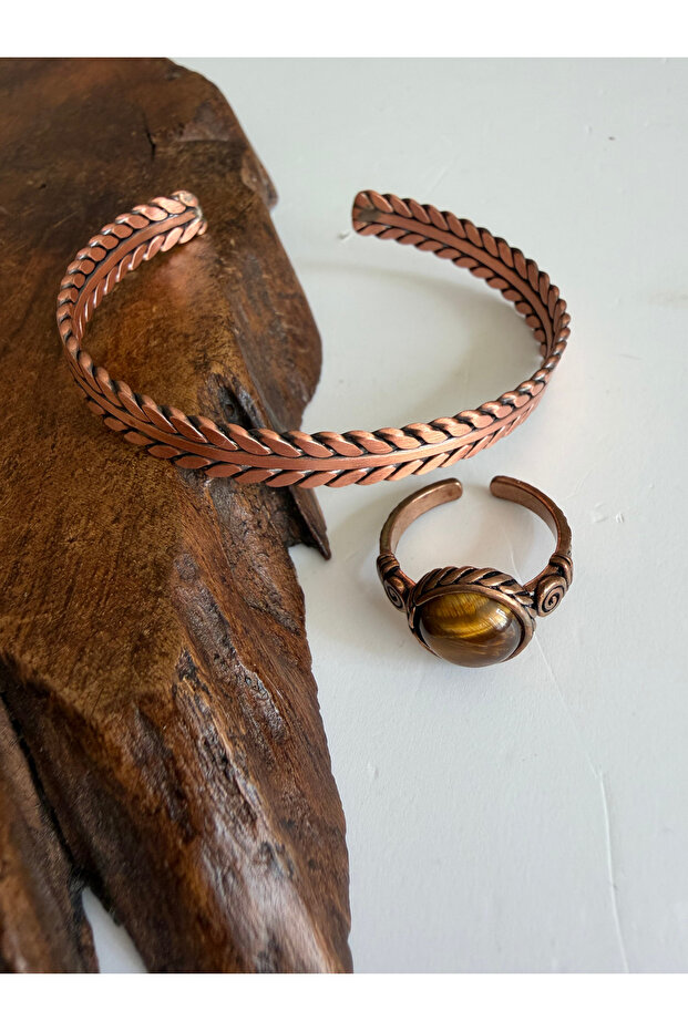 Natural Tiger's Eye Stone 100% Pure Plain Copper Bracelet Ring Combination Adjustable Authentic Ring and Bracelet