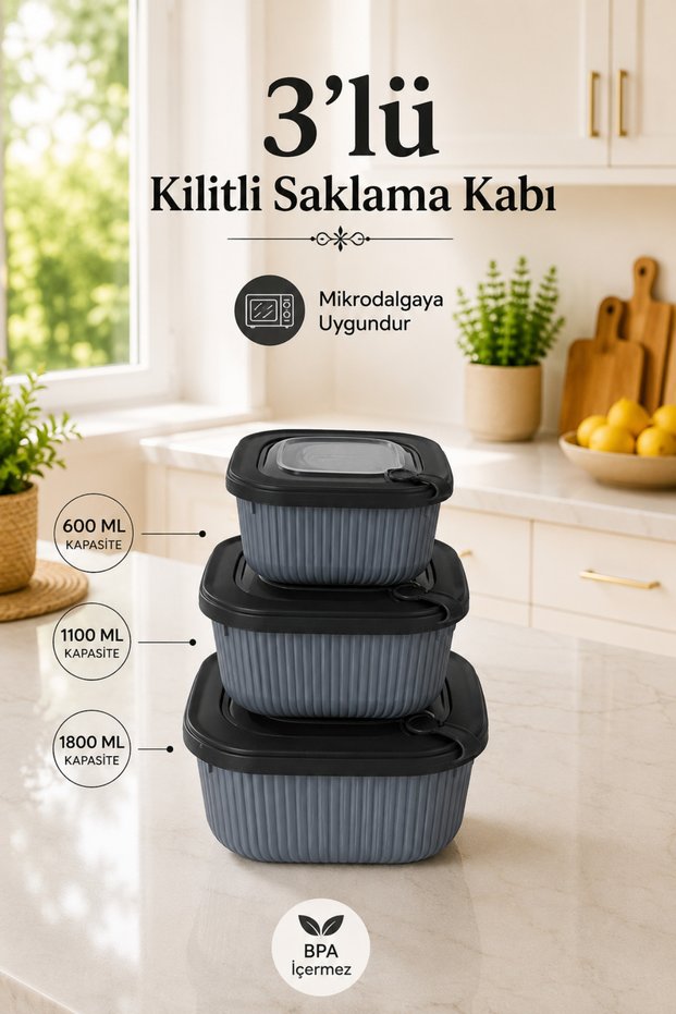 3-Piece Square Storage Container Set 600 ml 1100 ml 1800 ml Bpa-Free Multi-Purpose Food and Food Storage Container