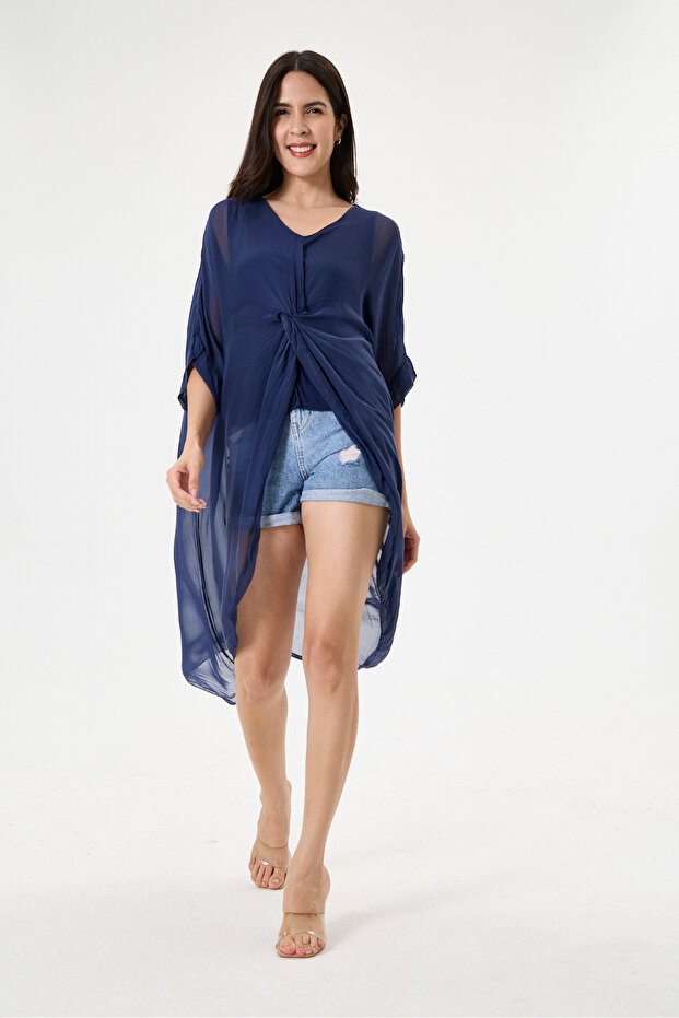 Navy Blue Italian Special Design Front Slit Bat Sleeve Lined Silk Tunic Blouse 38 - 44 Size