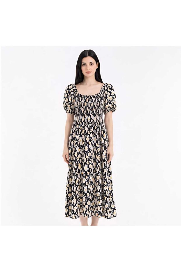 Women's Floral Patterned Square Neck Balloon Sleeve Dress