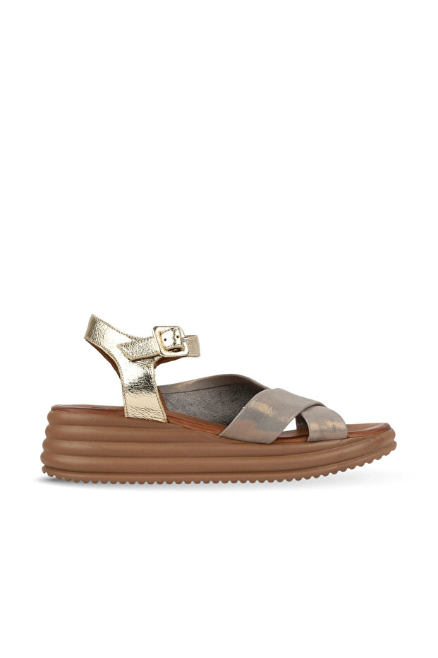 Khaki Gold Glittery Leather Women's Wedge Heeled Sandals