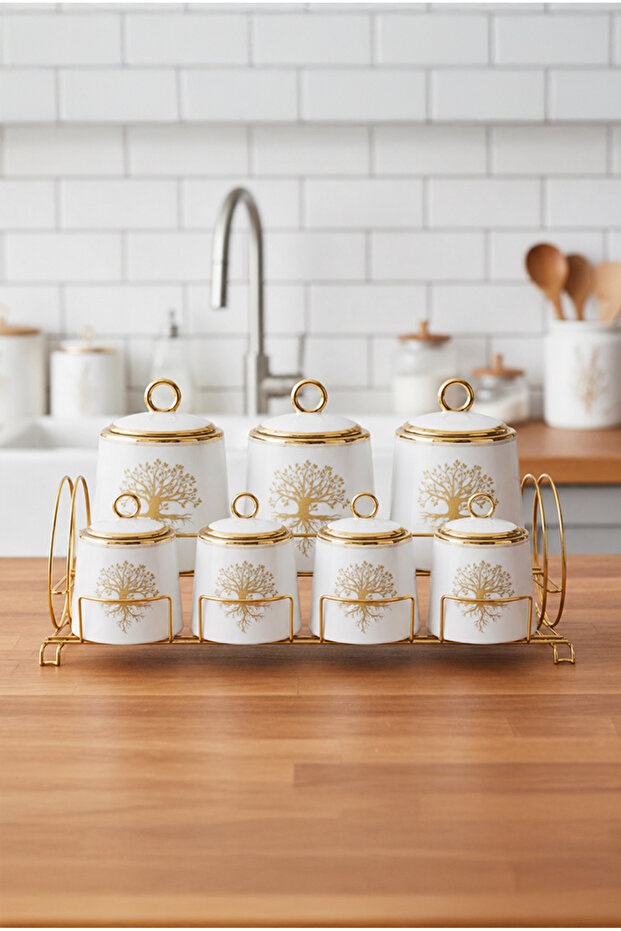 Gold Detailed Tree of Life Patterned Porcelain 7-Piece Spice Rack Set with Stand