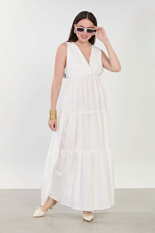 Women's V-Neck Thick Strap Long Dress - White