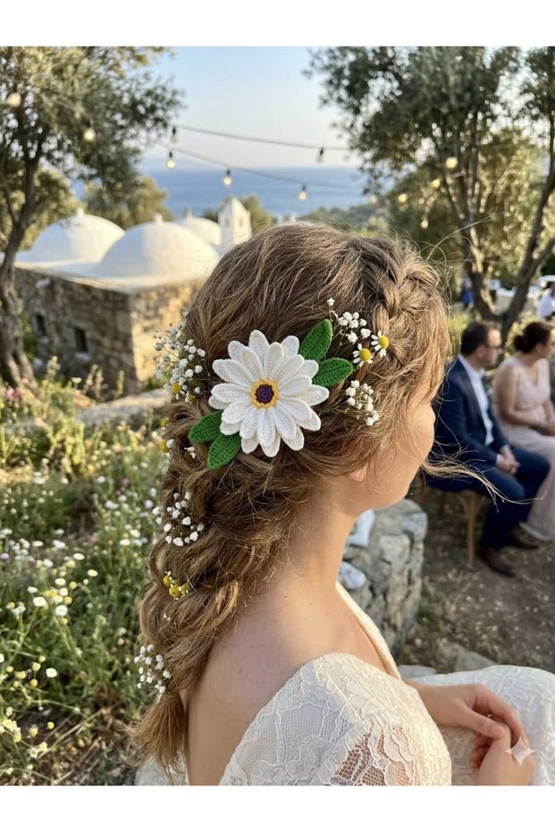 Hand Knitted Bodrum Daisy Hairpin Bridal Hair Accessory Country Wedding and Special Occasion Hairpin