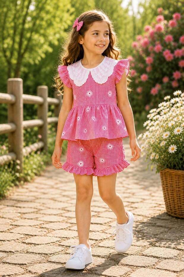 Girl's Lace Collar Gingham 2-Piece Set Red 3-10 Years