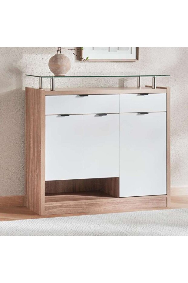 Stark Shoe Rack 28 Pairs With 3 Door 2 Drawer Tempered Glass - White & Walnut