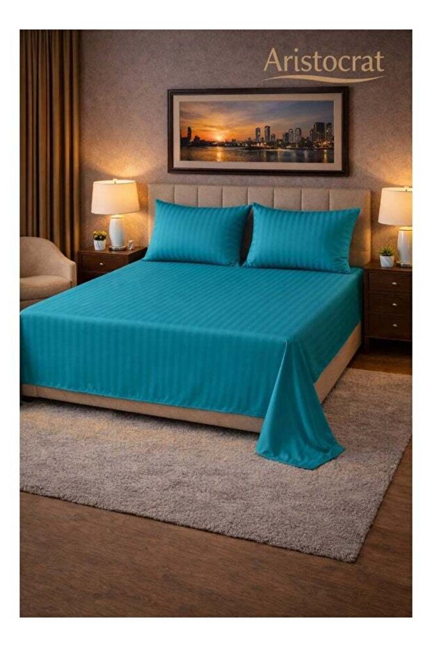 3‑Piece Striped Microfiber Flat Bed Sheet Set Super King 240x260cm – Soft Breathable Flat Sheet with 2 Pillowcases 50x70cm, Teal Microfiber Teal