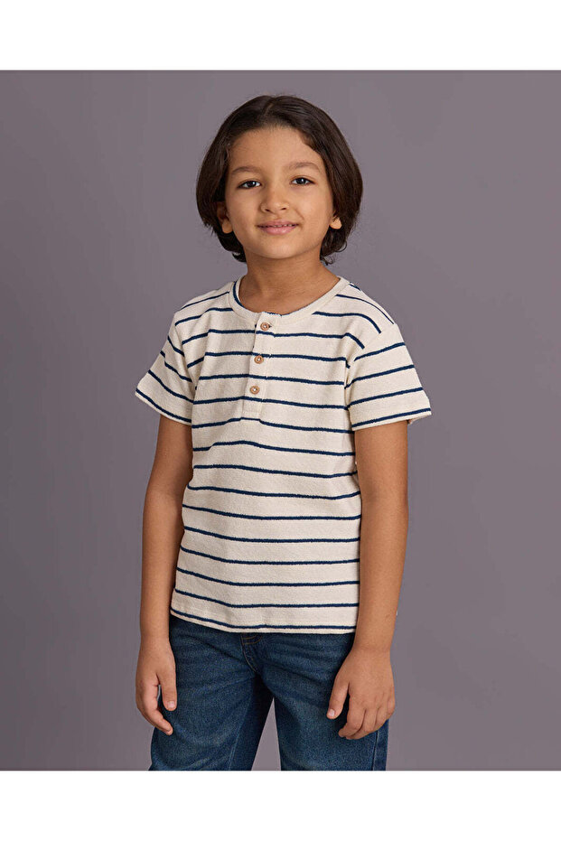 Boys Beige Striped Jacquard T-shirt