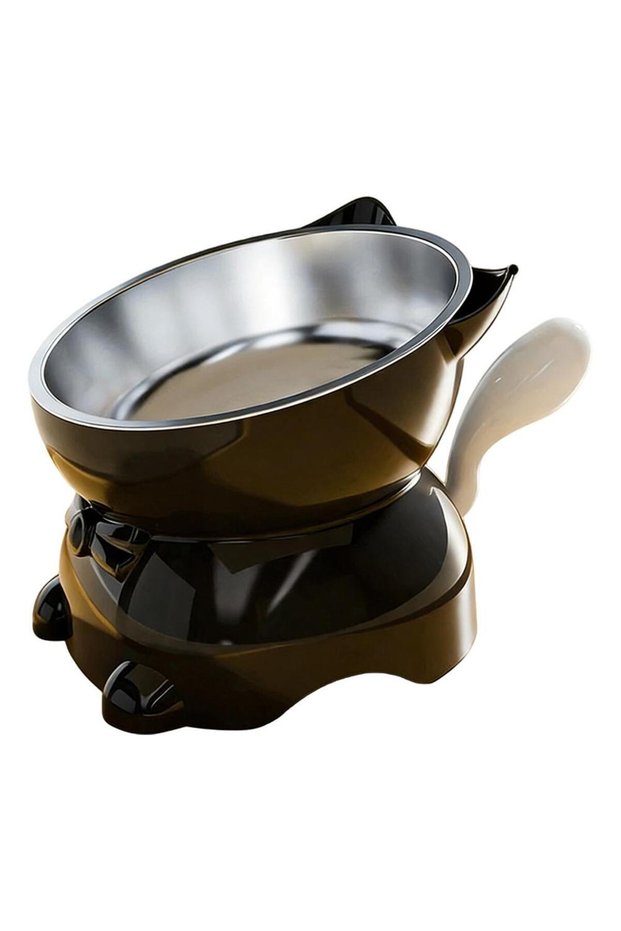 Black 1pc Elevated Stainless Steel Cat Bowl, Inclined Food & Water Dish with Cute Ear Stand, Neck Pr