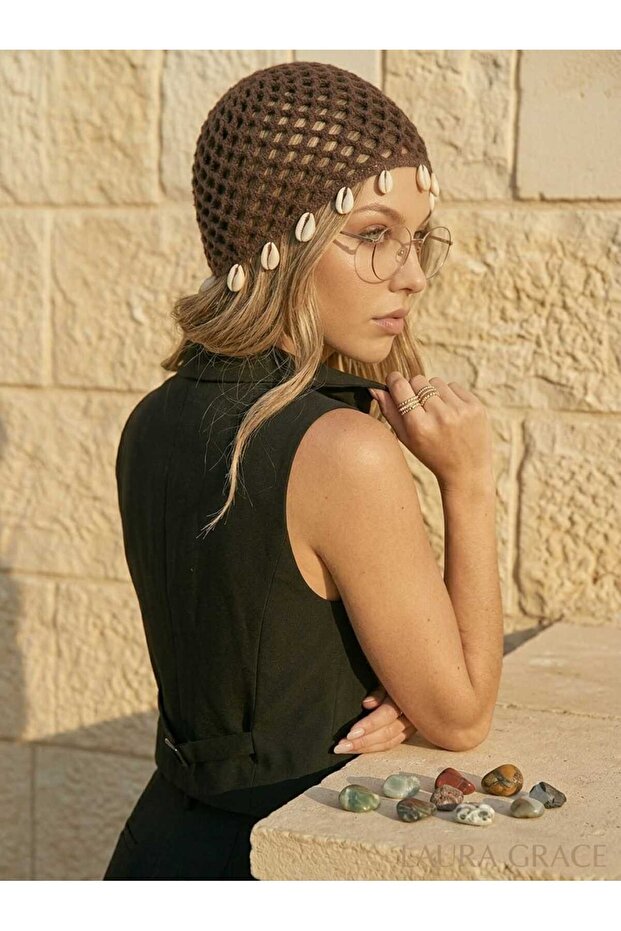 Handcrafted Seashell Glittering String Detailed Knitwear Knitted Beanie - Bohemian Beach Accessory Mesh Summer Hair Accessory Premium