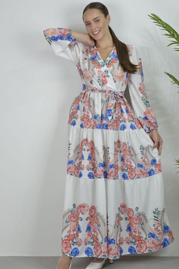Msn Tie Detailed Floral V-Neck Maxi Dress