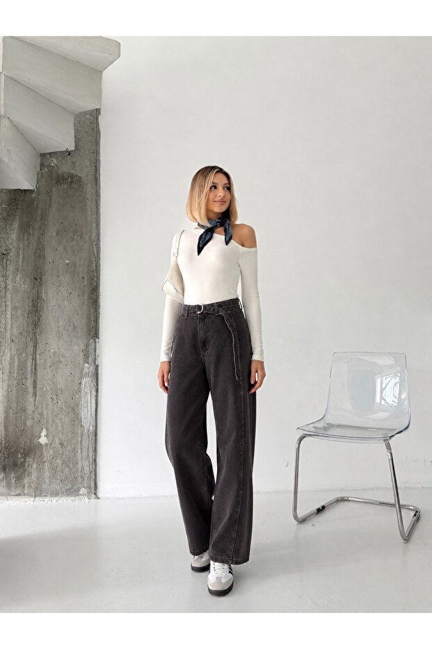 Belted Striped Brown Stone Washed Palazzo Jeans/Denim Pants