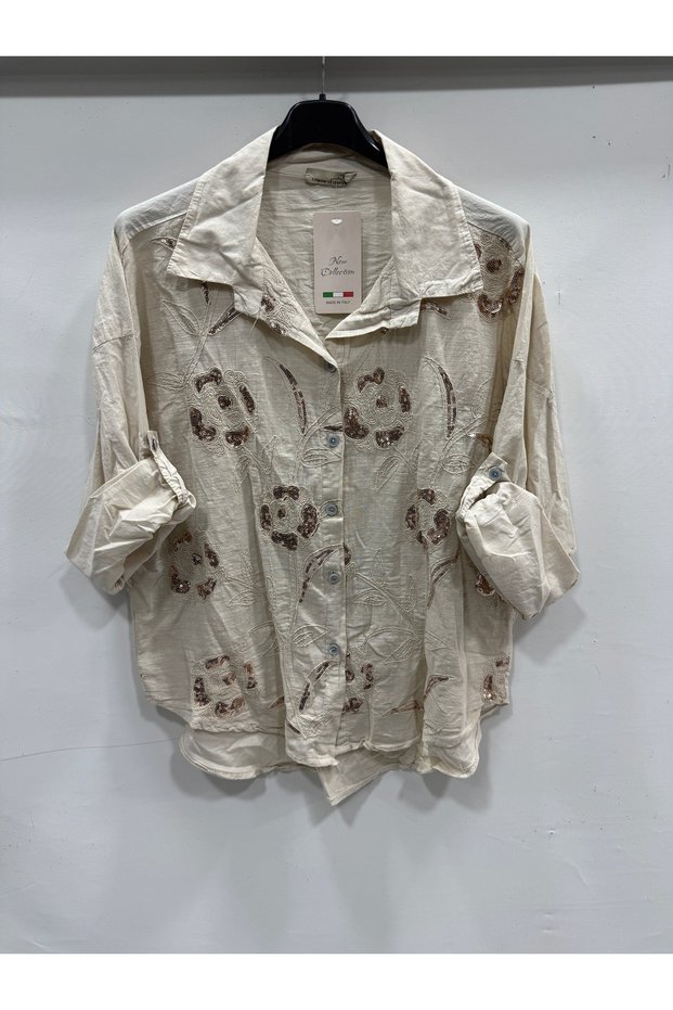 Women's Beige Italian Large Size Floral Embroidery Sequin Embroidered Foldable Long Sleeve Shirt 42 - 48 Size