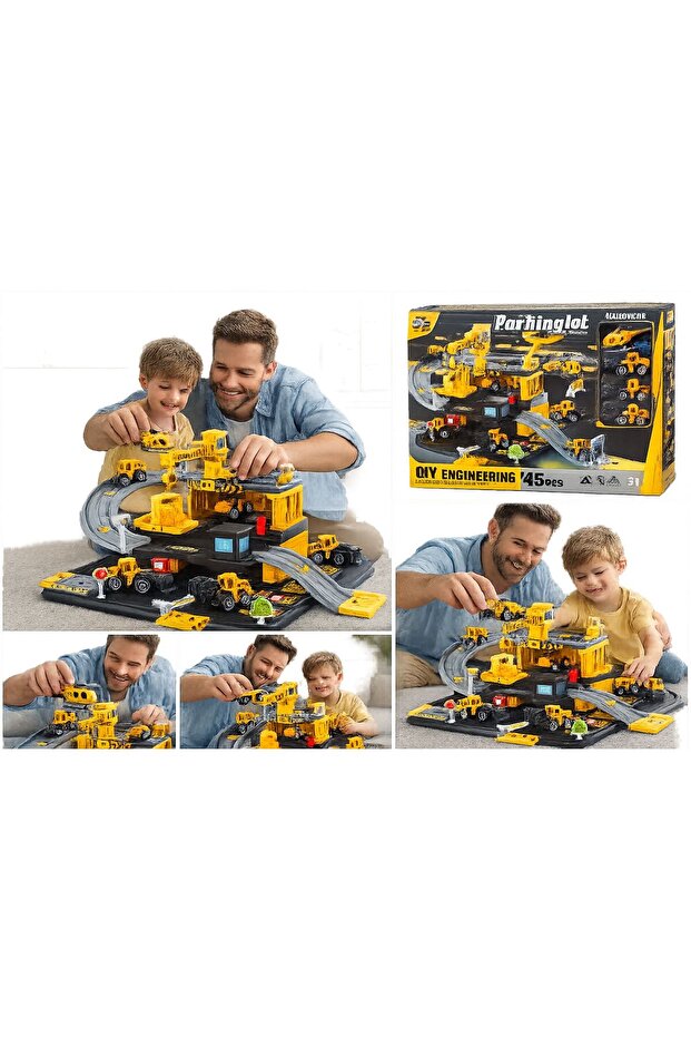 DIY Construction Parking Garage Playset 45PCS with Alloy Vehicles & Helicopter