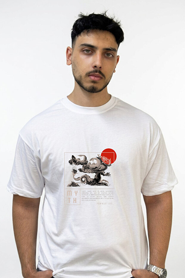 Mythical Sea Monster Design Printed Oversize White T-Shirt