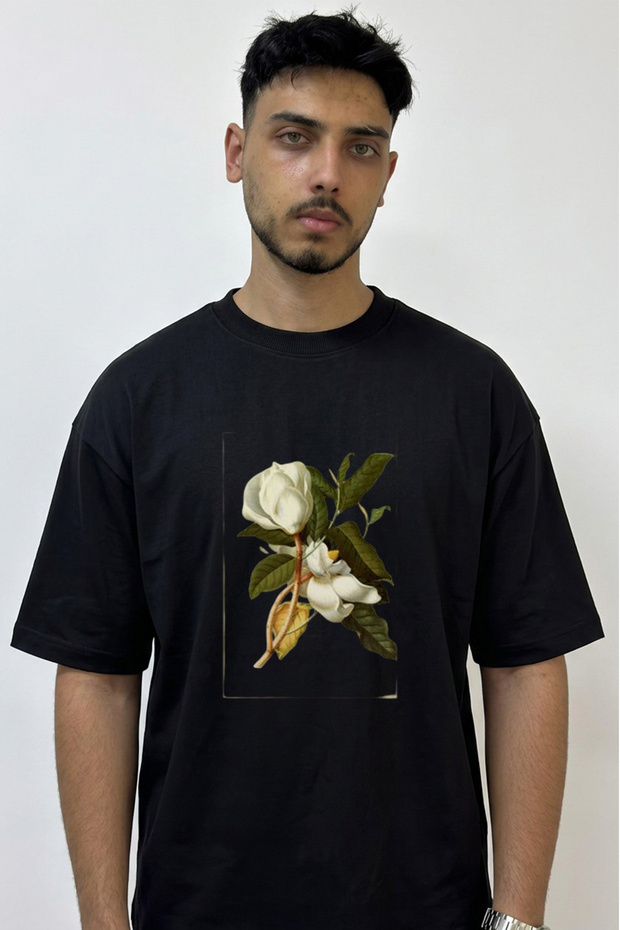 Magnolia Drawing Design Printed Oversize Black T-Shirt