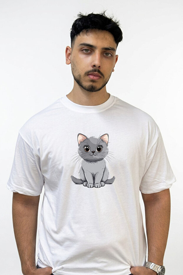 Cute Cartoon Kitten Design Printed Oversize White T-Shirt