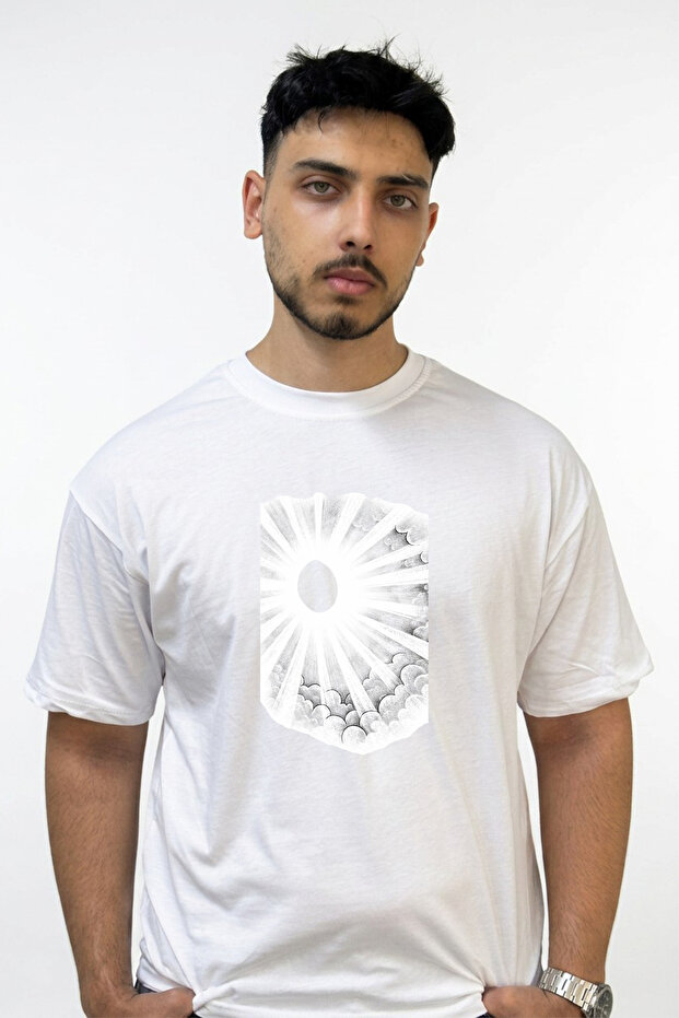 Light Beams Design Printed Oversize White T-Shirt