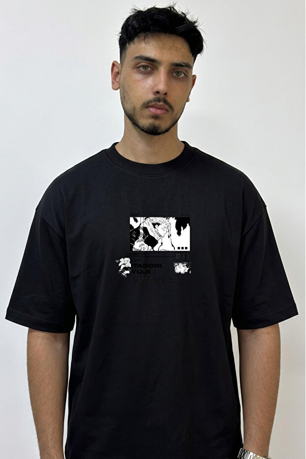 Jujutsu Kaisen Itadori Design Printed Oversize Black T-Shirt