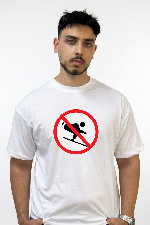 No Skiing Design Printed Oversize White T-Shirt