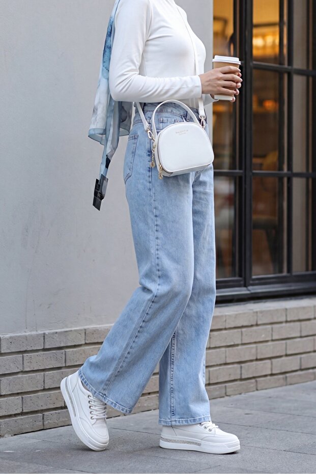Zippered Palazzo Jeans with Pockets - Ice Blue