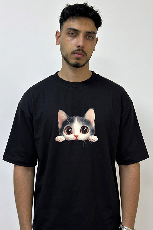 Anime Cat_1 Design Printed Oversize Black T-Shirt
