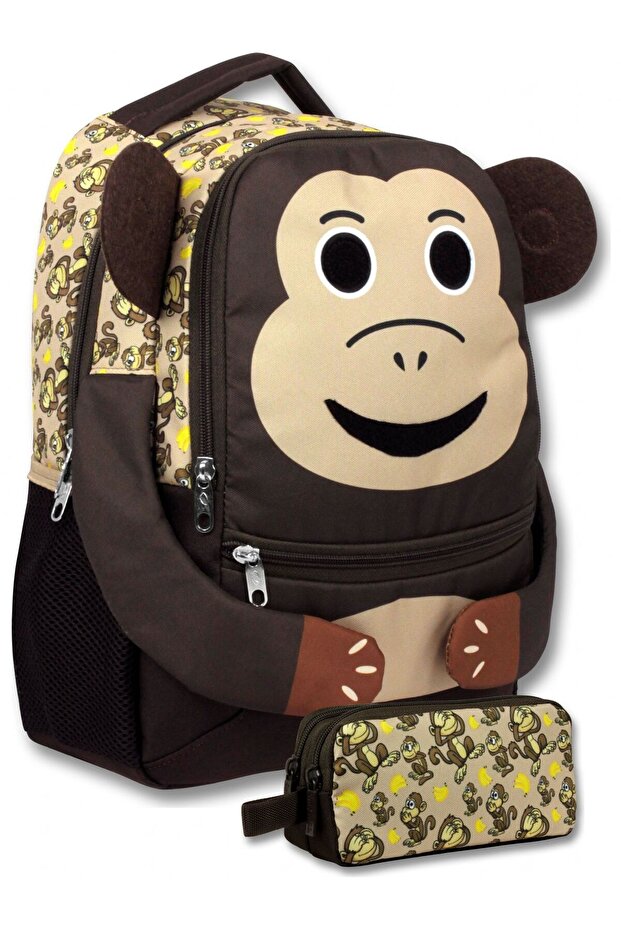 (Brown) Boy's Three Monkeys Themed Primary School Bag and Pencil Case Set - Setumt6078C
