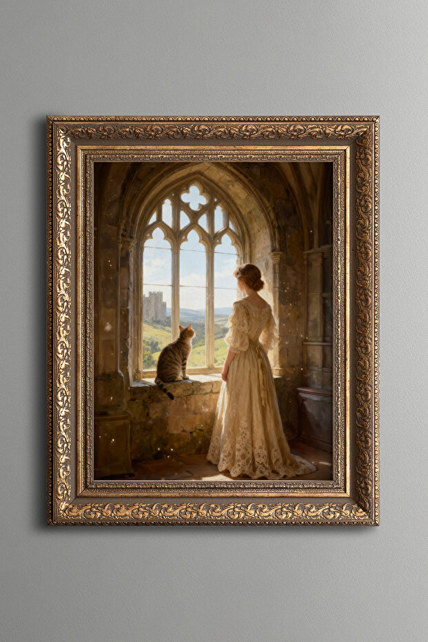 Woman and Cat on the Window – Vintage Patterned Painting – Thick Model